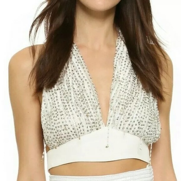 Rodarte Tops - Rodarte Hand Beaded White Gold Sequin Halter vneck